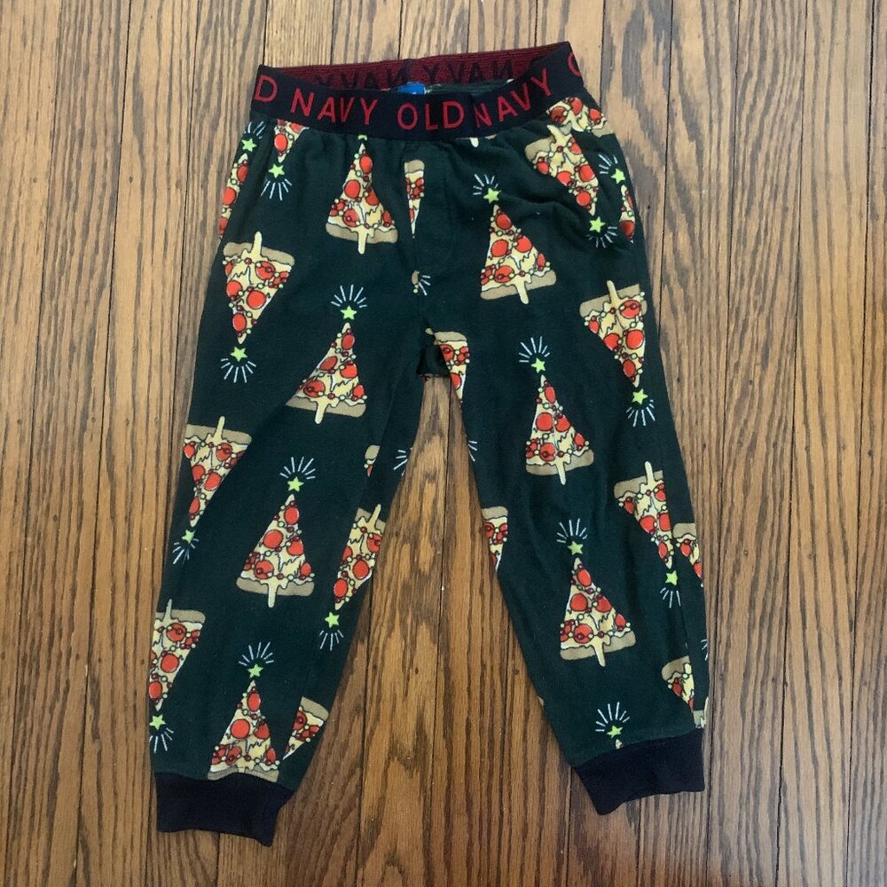 Old Navy Boys Pizza Christmas pant size XS (5) fleece black red
